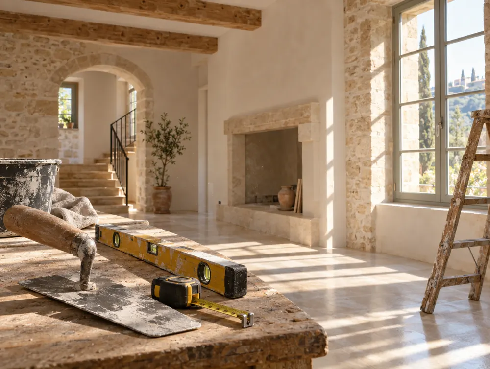 Intérieur en pierre rénové et outils de maçon