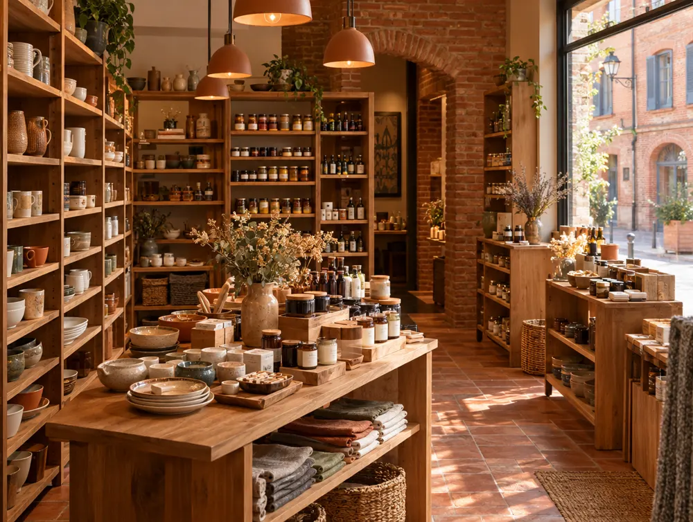 Boutique de quartier avec étagères en bois