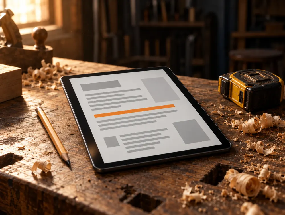 Tablette affichant un devis sur un établi