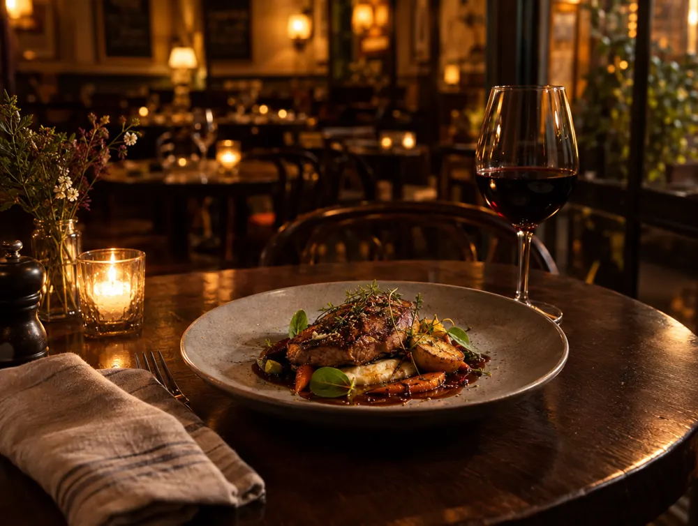 Table de bistrot avec un plat dressé
